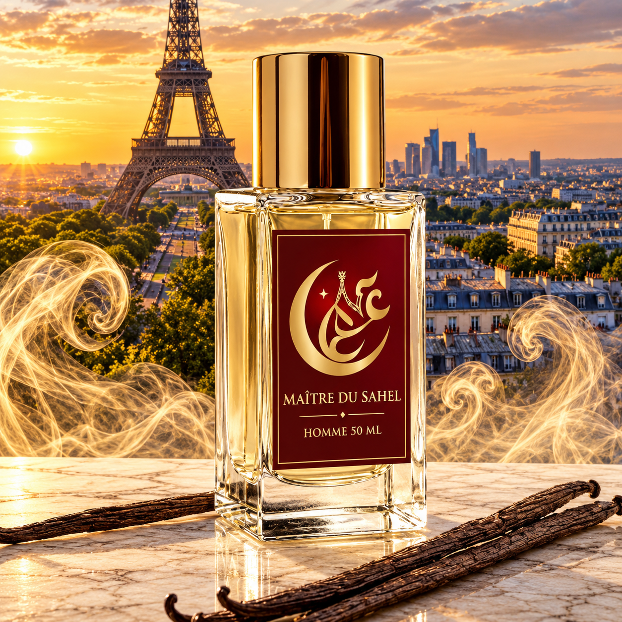 Maître du Sahel — flacon étiquette rouge et or face à la tour Eiffel, gousses de vanille