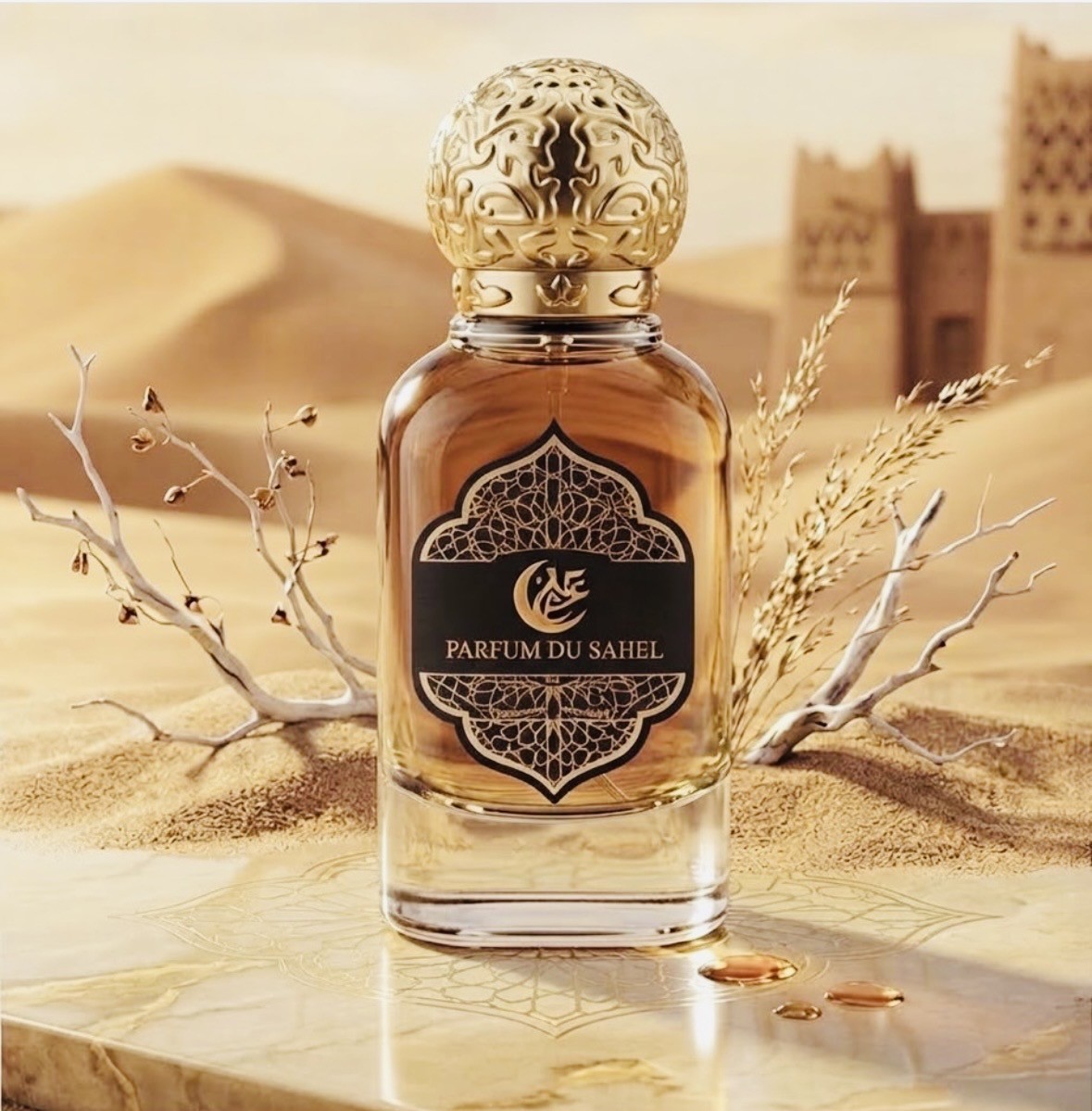 Parfum du Sahel — flacon ambré et or sur fond de dunes