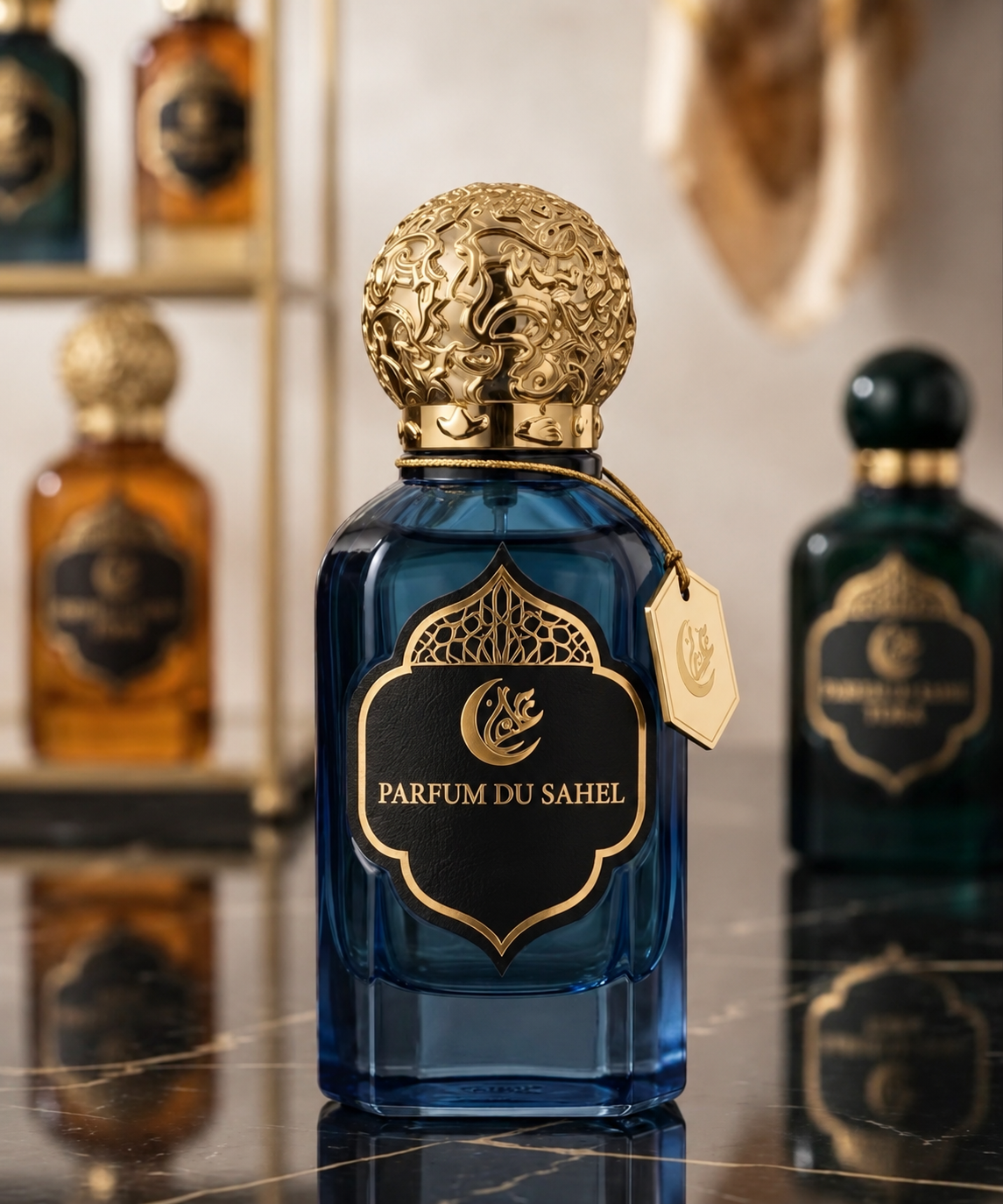 Parfum du Sahel — flacon bleu et bouchon doré ornementé